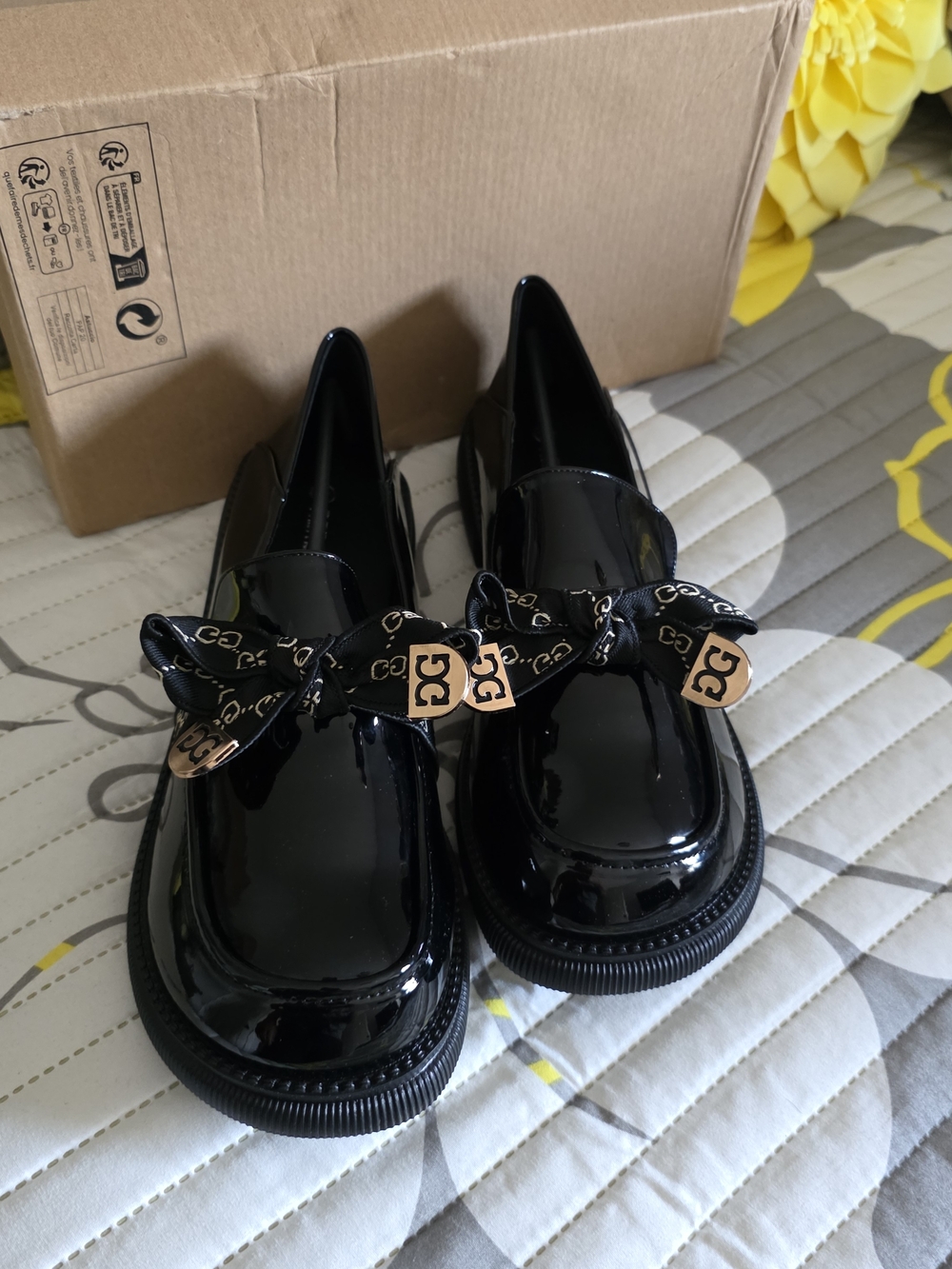 Black Patent Loafers with Branded Bow Accent
